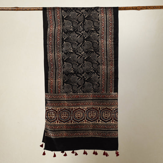 Ajrakh Block Printed Mashru Silk Stole with Tassels