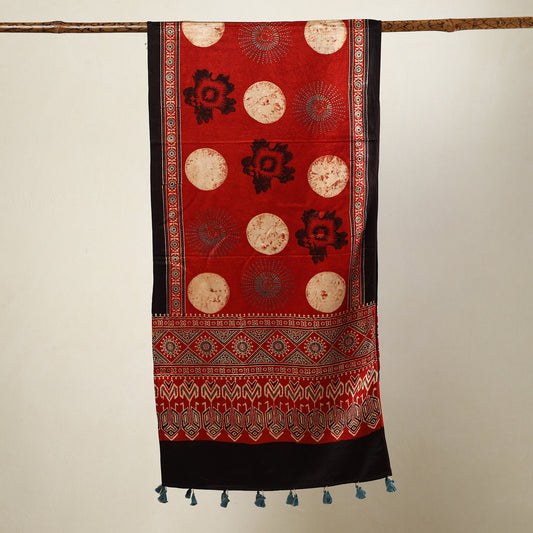 Ajrakh Block Printed Mashru Silk Stole with Tassels