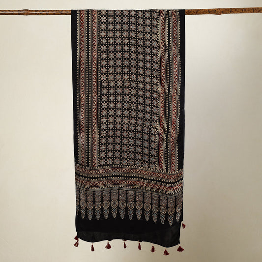 Ajrakh Block Printed Modal Silk Stole with Tassels