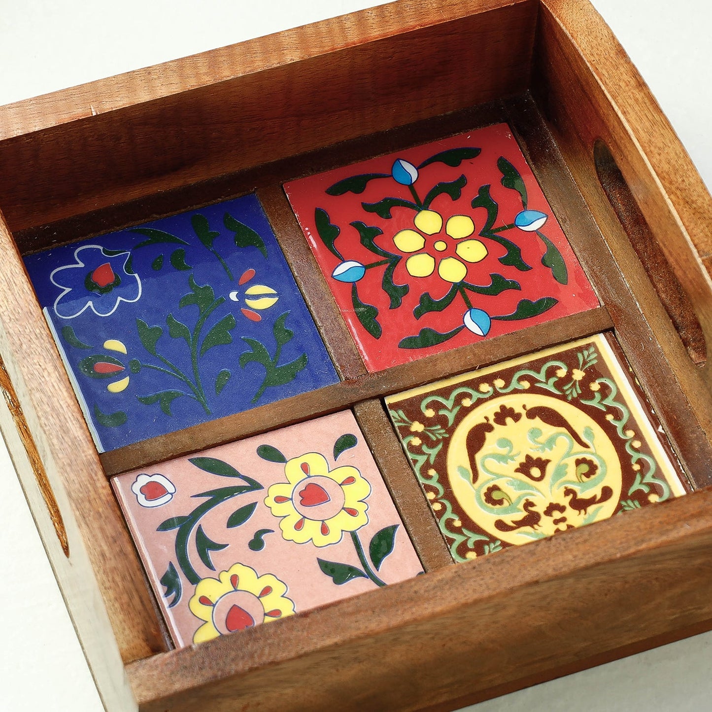 Wooden Serving Tray with Blue Pottery Ceramic Tiles (8 x 8 in)